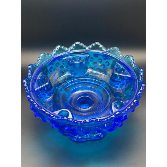 Vintage Fenton Colonial Blue Hobnail Glass 6 Candle Multi Candle Holder Bowl - Picture 2 of 4